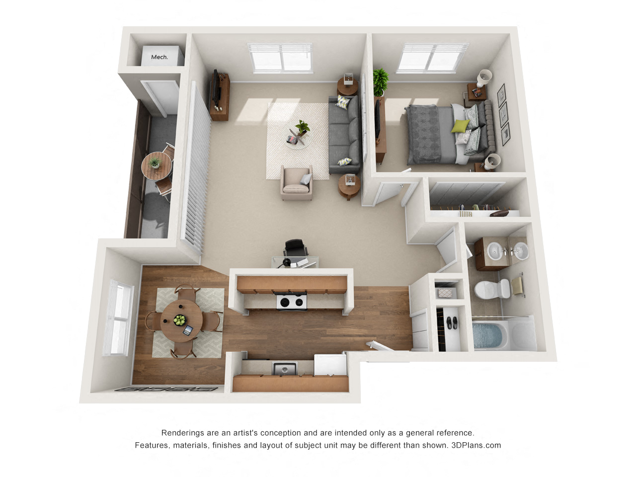 Floor plan for 1 bed, 1 bath, 667 sqft